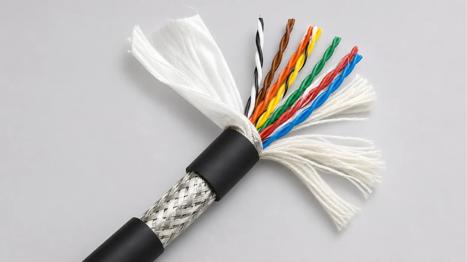 Finished multicore cable showing auxiliary material layers